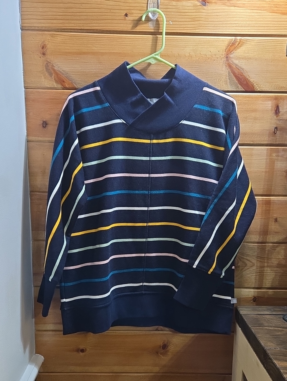 Talbots Navy Turtleneck Sweatshirt with Multicolor Stripes Med P 0724